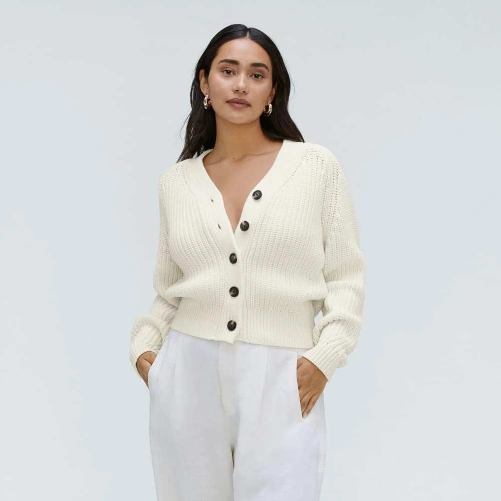 Everlane The Texture Cotton Cardigan Cream Chunky Knit VNeck Sweater size medium